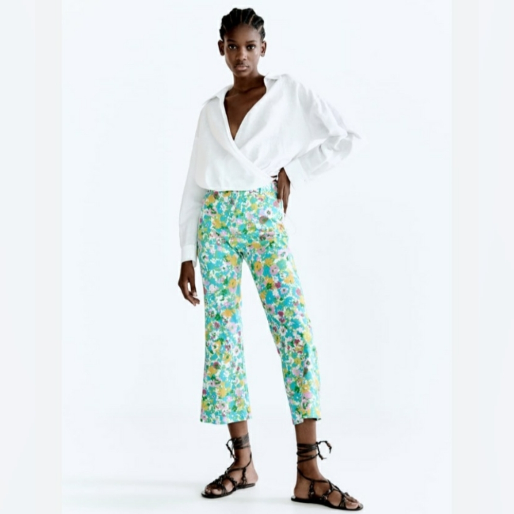 NWT Zara Floral Ankle/Crop Flare Bottom Pants Linen Blend Size 8